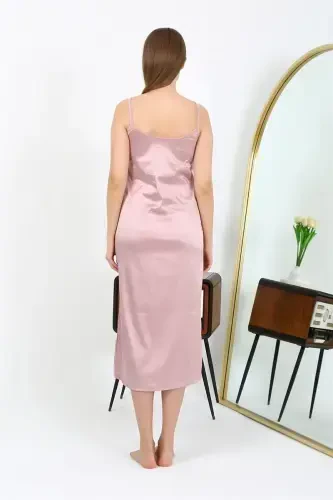 Akbeniz Slit Detail Long Satin Nightdress Powder 7410 - 5