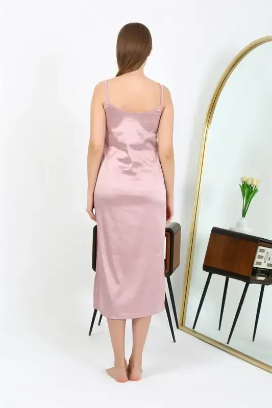 Akbeniz Slit Detail Long Satin Nightdress Powder 7410 - 5
