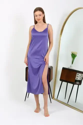 Akbeniz Slit Detail Long Satin Nightdress Purple 7410 - 2