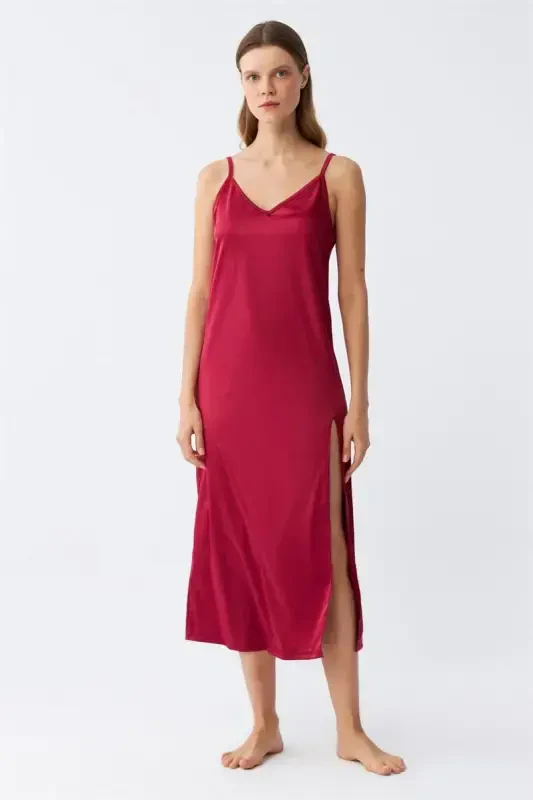 Akbeniz Slit Detailed Long Satin Nightdress Burgundy 7410 - AKBENIZ