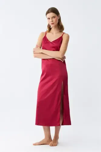 Akbeniz Slit Detailed Long Satin Nightdress Burgundy 7410 - 2