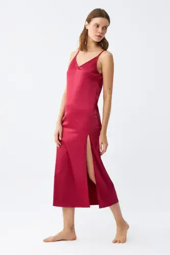 Akbeniz Slit Detailed Long Satin Nightdress Burgundy 7410 - 3