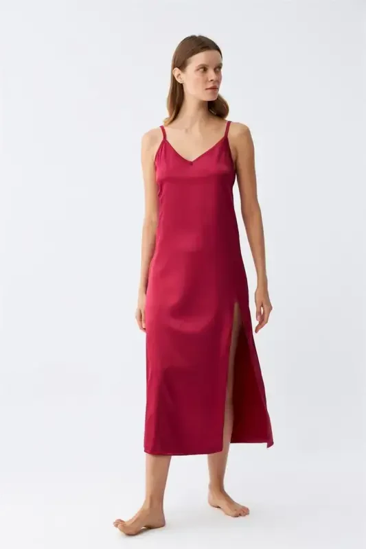 Akbeniz Slit Detailed Long Satin Nightdress Burgundy 7410 - 4