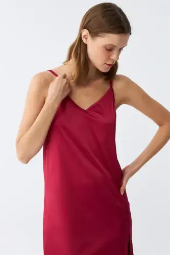 Akbeniz Slit Detailed Long Satin Nightdress Burgundy 7410 - 5