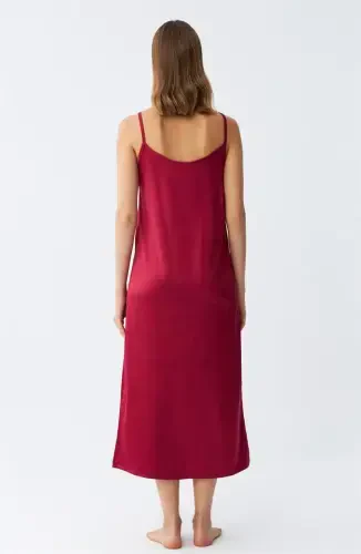 Akbeniz Slit Detailed Long Satin Nightdress Burgundy 7410 - 6