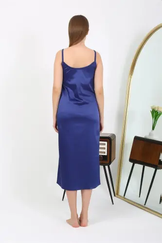 Akbeniz Slit Detailed Long Satin Nightgown Navy Blue 7410 - 4