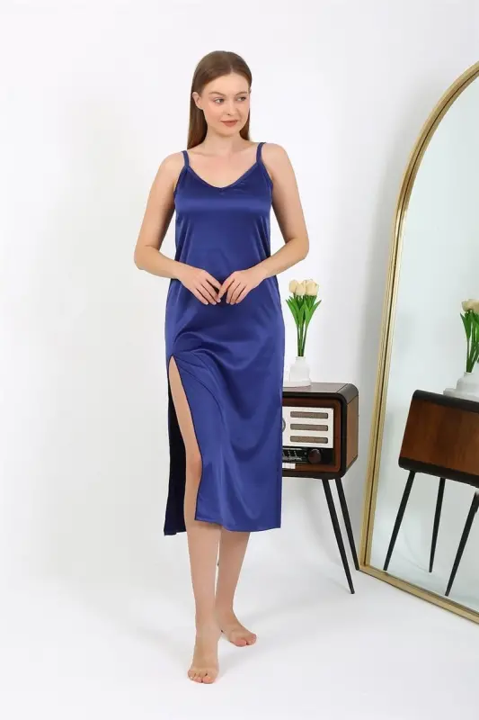 Akbeniz Slit Detailed Long Satin Nightgown Navy Blue 7410 - 5