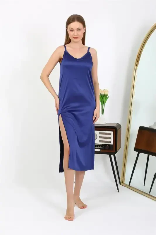 Akbeniz Slit Detailed Long Satin Nightgown Navy Blue 7410 - 2