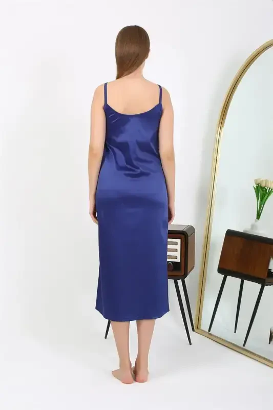 Akbeniz Slit Detailed Long Satin Nightgown Navy Blue 7410 - 4