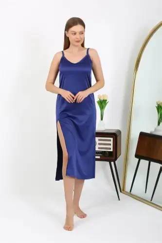 Akbeniz Slit Detailed Long Satin Nightgown Navy Blue 7410 - 5