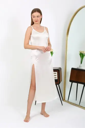 Akbeniz Slit Long Satin Nightdress Ecru 7410 - 1