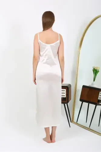 Akbeniz Slit Long Satin Nightdress Ecru 7410 - 4