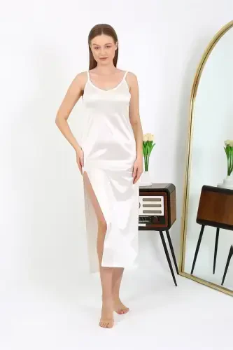 Akbeniz Slit Long Satin Nightdress Ecru 7410 - 6