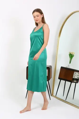 Akbeniz Slit Long Satin Nightdress Emerald 7410 - 2