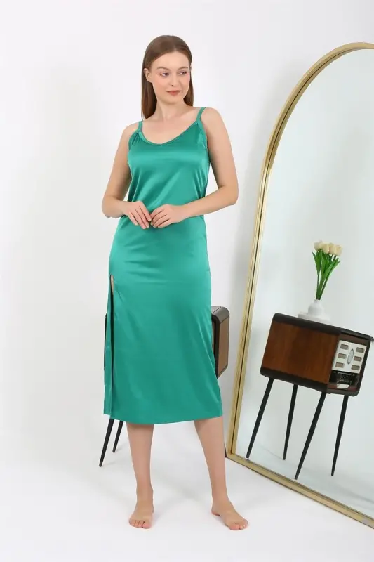 Akbeniz Slit Long Satin Nightdress Emerald 7410 - 3