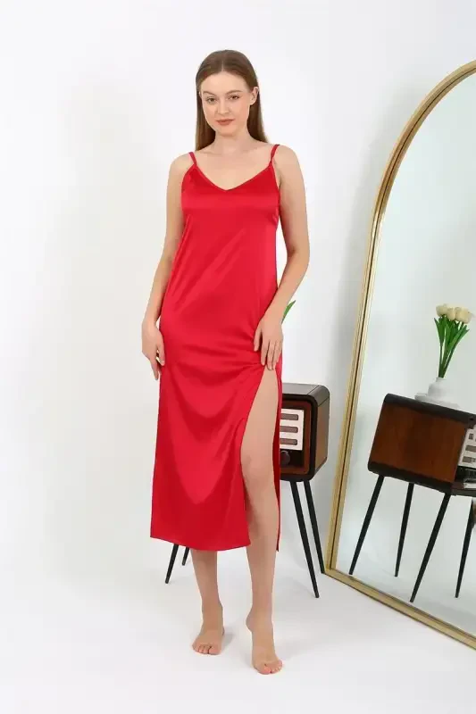 Akbeniz Slit Long Satin Nightdress Red 7410 - 3