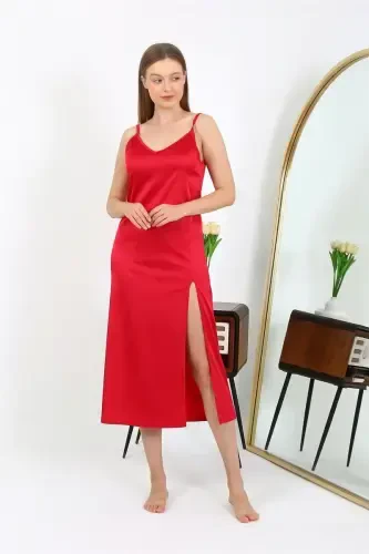 Akbeniz Slit Long Satin Nightdress Red 7410 - 5