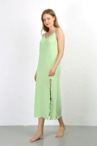 Akbeniz Spaghetti Strap Long Slit Knit Nightgown 90125 Pistachio Green - 5