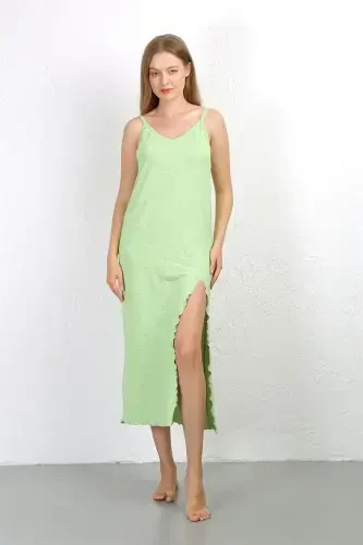 Akbeniz Spaghetti Strap Long Slit Knit Nightgown 90125 Pistachio Green - 4