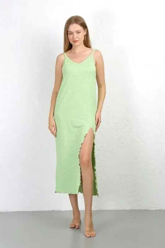 Akbeniz Spaghetti Strap Long Slit Knit Nightgown 90125 Pistachio Green - 4