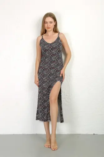 Akbeniz Spaghetti Strap Long Slit Knit Nightgown 90129 Navy Blue - 6