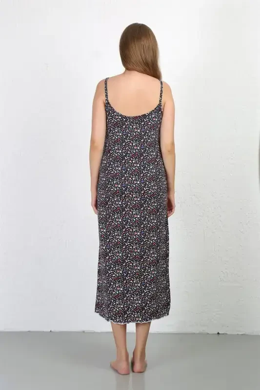 Akbeniz Spaghetti Strap Long Slit Knit Nightgown 90129 Navy Blue - 1