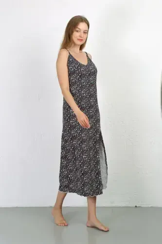 Akbeniz Spaghetti Strap Long Slit Knit Nightgown 90129 Navy Blue - 5