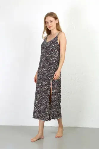 Akbeniz Spaghetti Strap Long Slit Knit Nightgown 90129 Navy Blue - 7