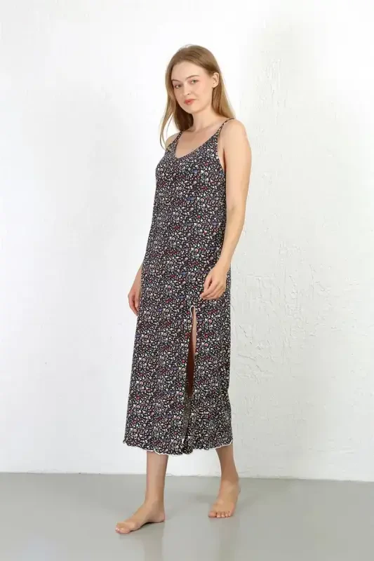 Akbeniz Spaghetti Strap Long Slit Knit Nightgown 90129 Navy Blue - 7