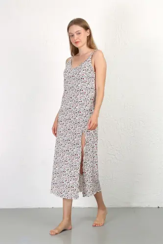 Akbeniz Spaghetti Strap Long Slit Knit Nightgown 90129 White - 1