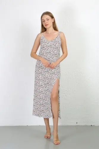 Akbeniz Spaghetti Strap Long Slit Knit Nightgown 90129 White - 4