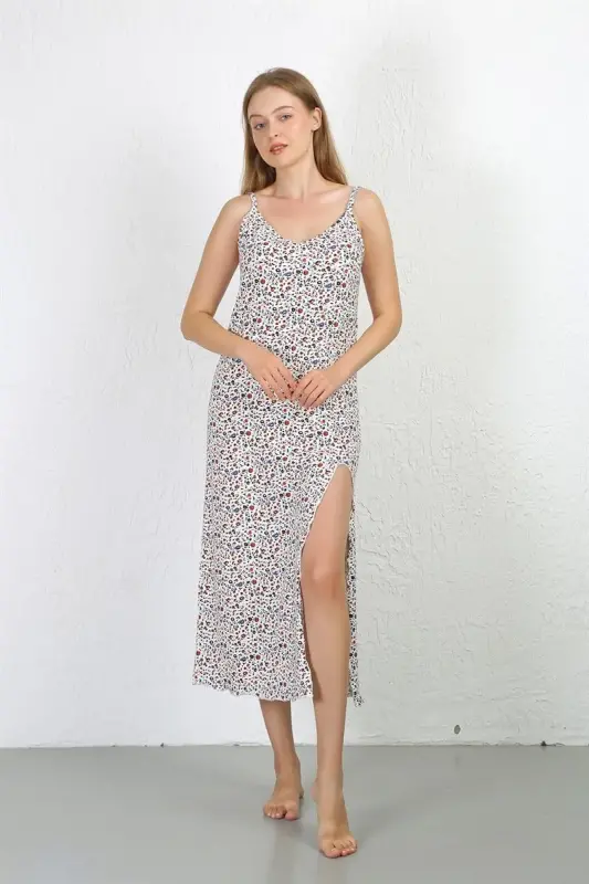 Akbeniz Spaghetti Strap Long Slit Knit Nightgown 90129 White - 4