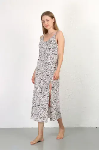 Akbeniz Spaghetti Strap Long Slit Knit Nightgown 90129 White - 1