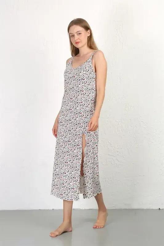 Akbeniz Spaghetti Strap Long Slit Knit Nightgown 90129 White - AKBENIZ