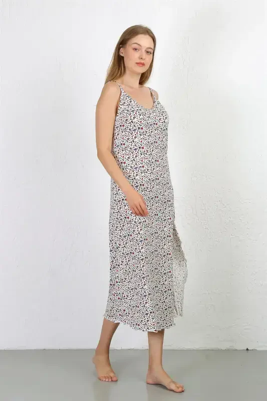 Akbeniz Spaghetti Strap Long Slit Knit Nightgown 90129 White - 5