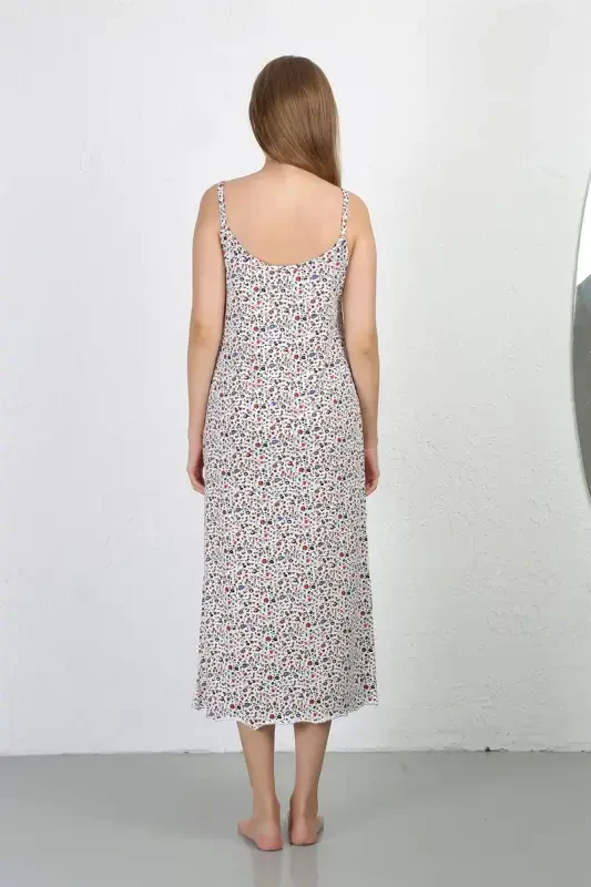 Akbeniz Spaghetti Strap Long Slit Knit Nightgown 90129 White - 6