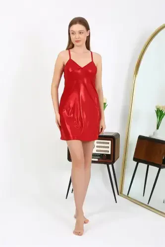 Akbeniz Spaghetti Strap Micro Fabric Short Shiny Nightdress Loungewear Red 7416 - 6