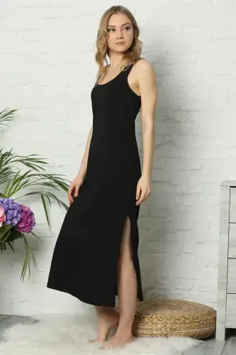 Akbeniz Thick Strapped Black Knitted Long Nightdress 921 - 1