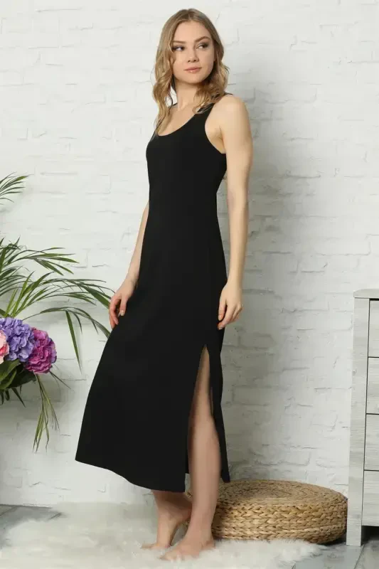 Akbeniz Thick Strapped Black Knitted Long Nightdress 921 - AKBENIZ