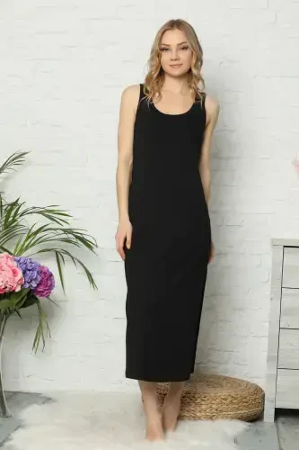 Akbeniz Thick Strapped Black Knitted Long Nightdress 921 - AKBENIZ (1)