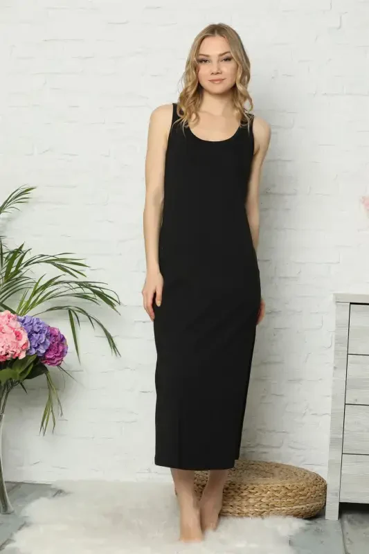 Akbeniz Thick Strapped Black Knitted Long Nightdress 921 - 2