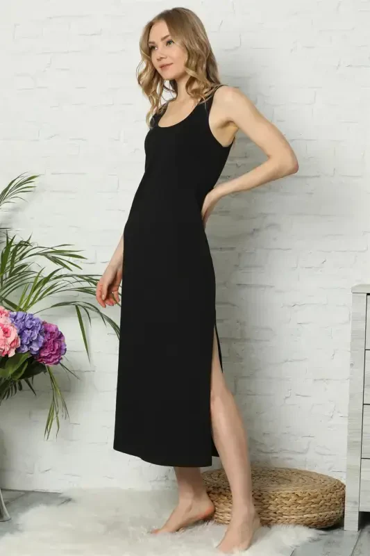 Akbeniz Thick Strapped Black Knitted Long Nightdress 921 - 3