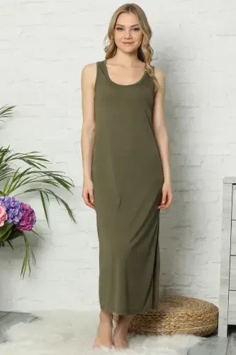 Akbeniz Thick Strapped Khaki Knitted Long Nightdress 922 - AKBENIZ (1)