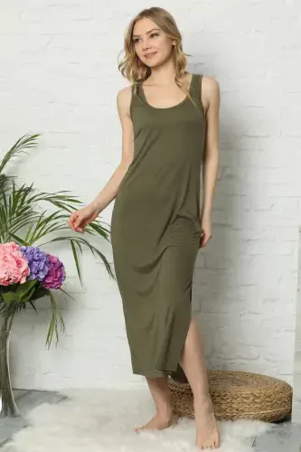 Akbeniz Thick Strapped Khaki Knitted Long Nightdress 922 - 3