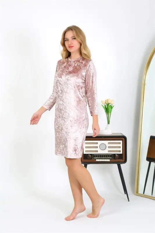 Akbeniz Velvet Home Dress Tunic Nightdress Powder 13133 - 3