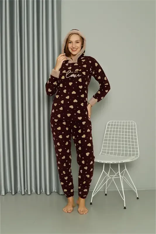 Akbeniz Welsoft Polar Ayollar Kapüşonli Pijama To'plami 8513 - 1