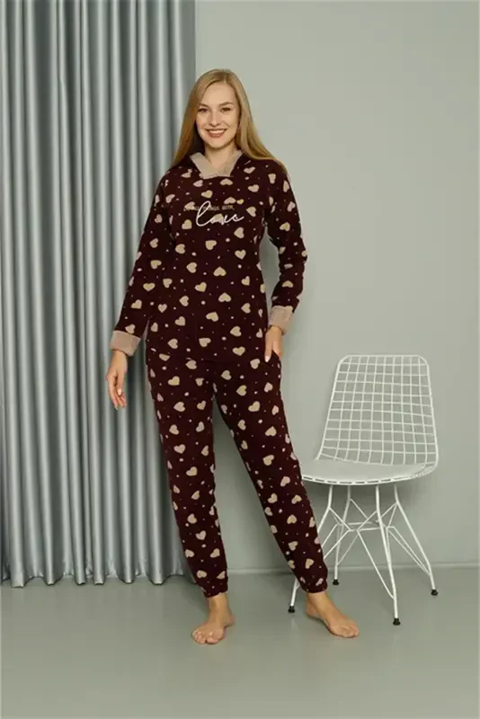 Akbeniz Welsoft Polar Ayollar Kapüşonli Pijama To'plami 8513 - 2