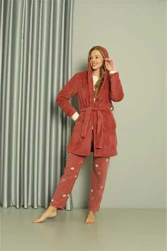 Akbeniz Welsoft Polar Kadın 3'lü kiremit Pijama Takımı 20605 - 5