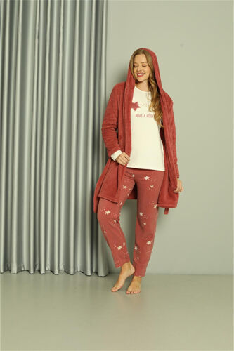 Akbeniz Welsoft Polar Women's 3-Piece Terracotta Pajamas Set 20605 - 2