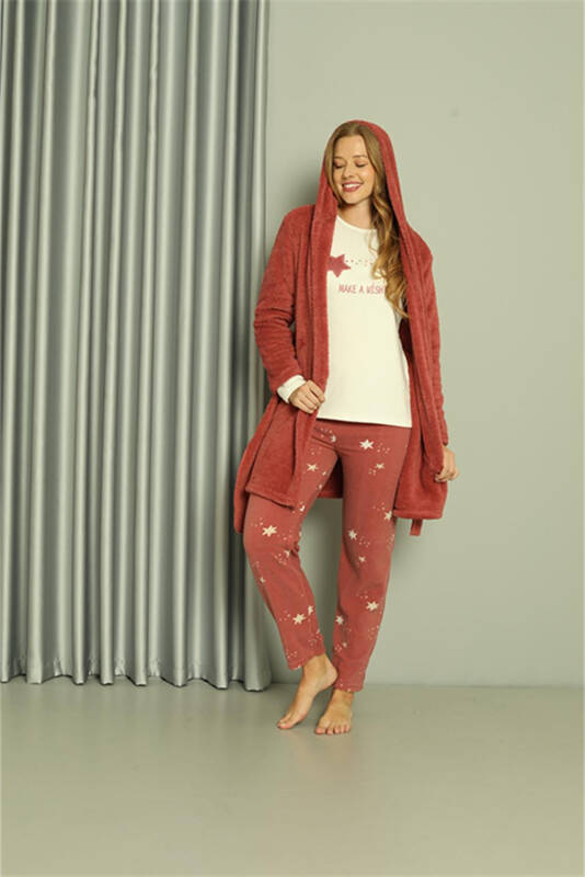 Akbeniz Welsoft Polar Women's 3-Piece Terracotta Pajamas Set 20605 - 2